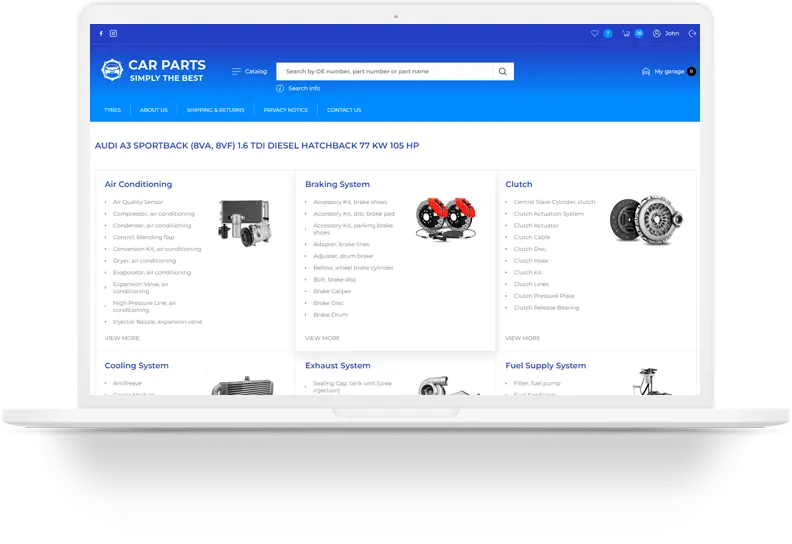 Screenshoot of popular categories for the selected vehicle